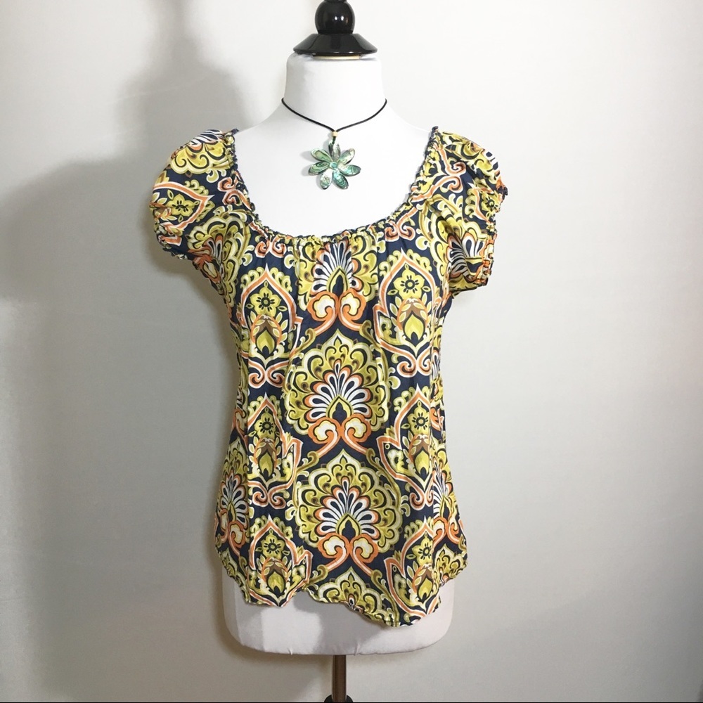 J. CREW Damask Peasant Short Sleeve Top Size M